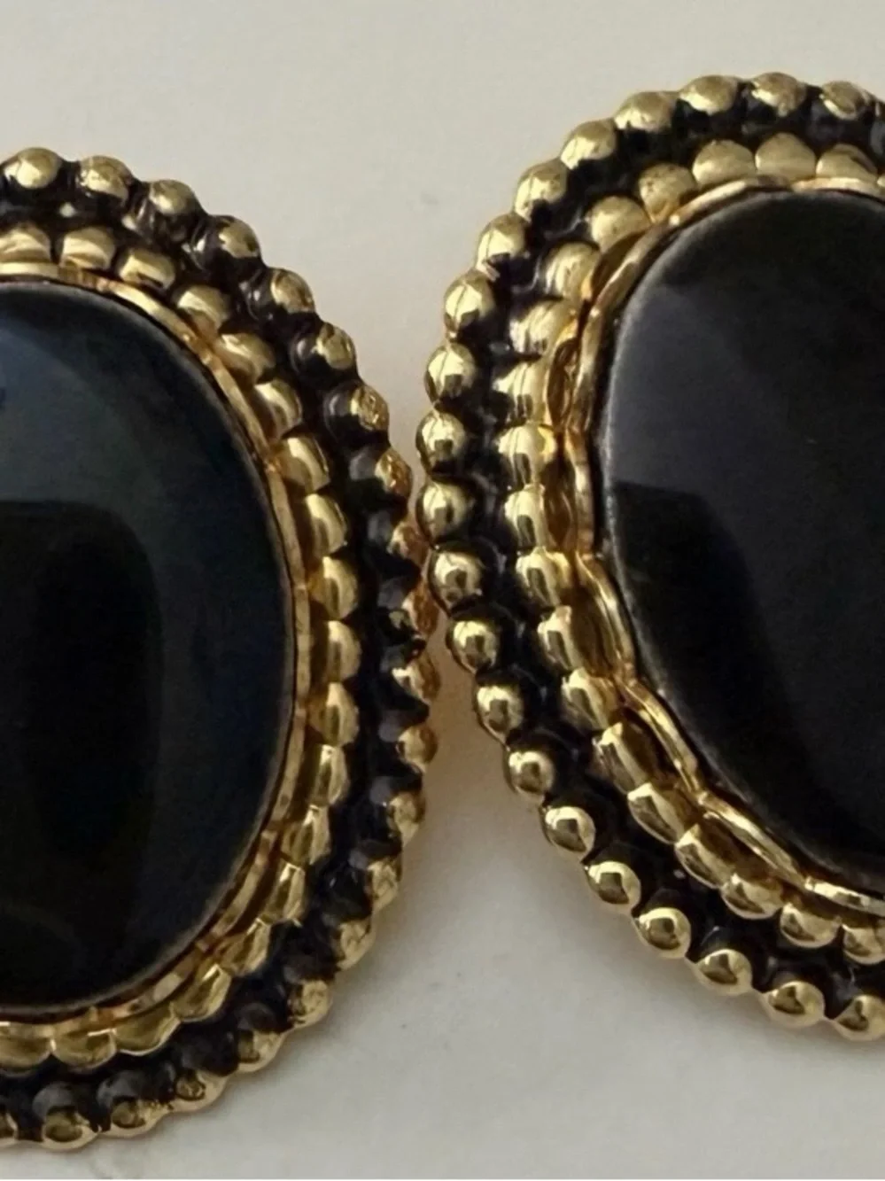 TWO Pair of Gold Earrings w/ Oval Stones Black  & Clear Glass